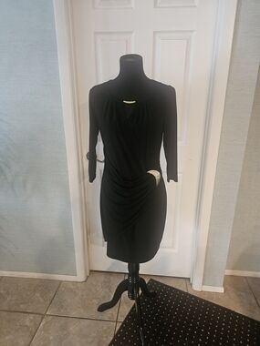 Thalia Sodi Black 3/4-Sleeve Draped Dress with Gold Medal Accents